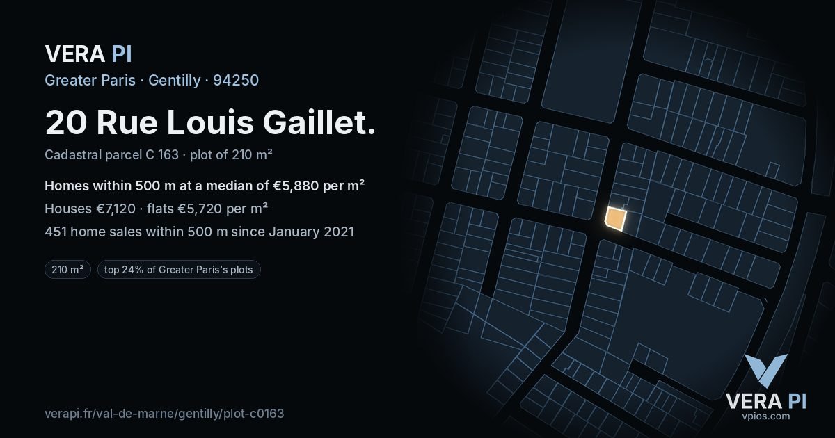 20 Rue Louis Gaillet, Gentilly at night – the plot lit, the parcels around coloured by the prices near them