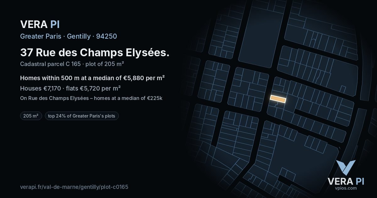 37 Rue des Champs Elysées, Gentilly at night – the plot lit, the parcels around coloured by the prices near them