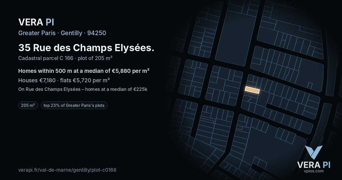 35 Rue des Champs Elysées, Gentilly at night – the plot lit, the parcels around coloured by the prices near them
