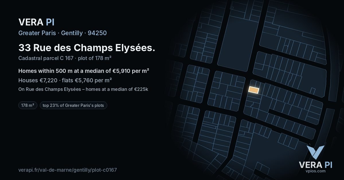 33 Rue des Champs Elysées, Gentilly at night – the plot lit, the parcels around coloured by the prices near them