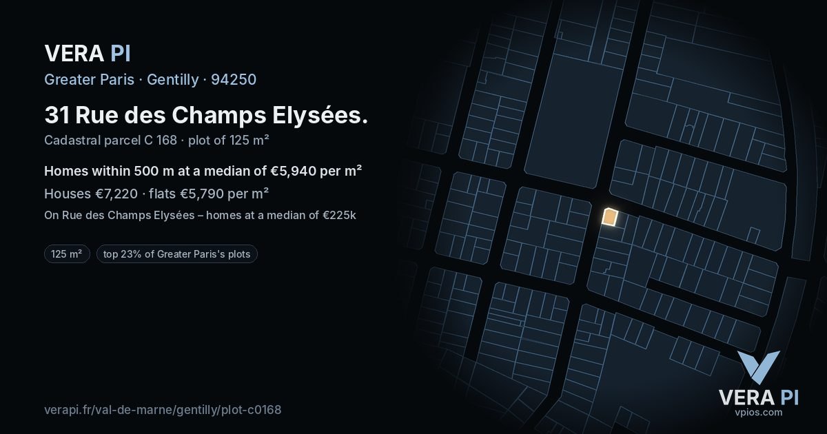 31 Rue des Champs Elysées, Gentilly at night – the plot lit, the parcels around coloured by the prices near them