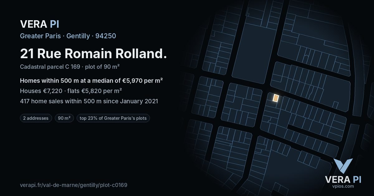 21 Rue Romain Rolland, Gentilly at night – the plot lit, the parcels around coloured by the prices near them