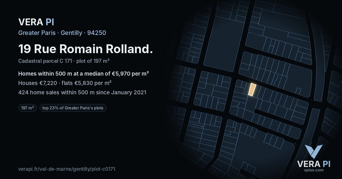 19 Rue Romain Rolland, Gentilly at night – the plot lit, the parcels around coloured by the prices near them