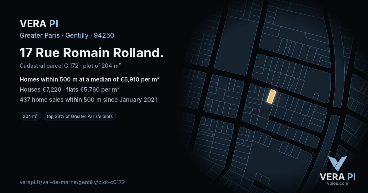 17 Rue Romain Rolland, Gentilly at night – the plot lit, the parcels around coloured by the prices near them