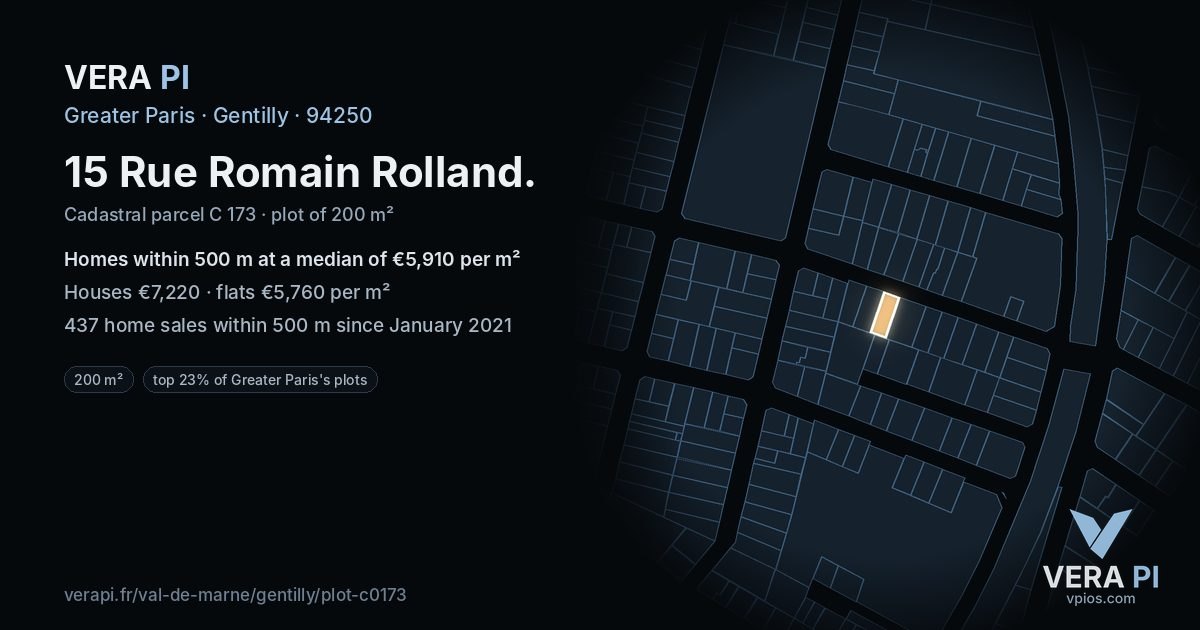 15 Rue Romain Rolland, Gentilly at night – the plot lit, the parcels around coloured by the prices near them