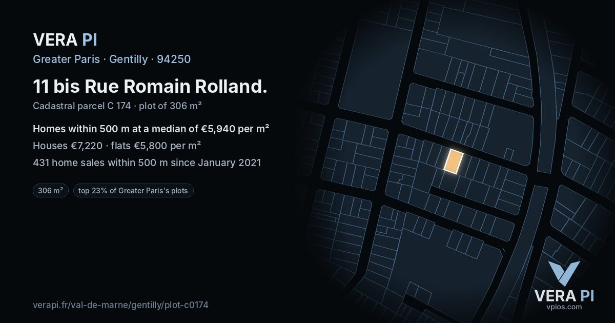 11 bis Rue Romain Rolland, Gentilly at night – the plot lit, the parcels around coloured by the prices near them