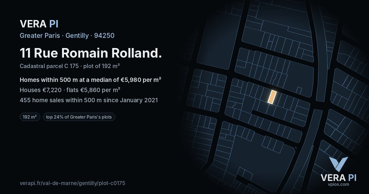 11 Rue Romain Rolland, Gentilly at night – the plot lit, the parcels around coloured by the prices near them