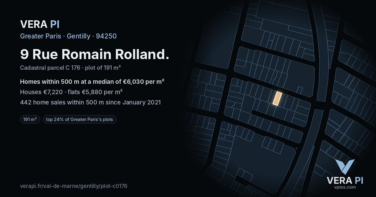 9 Rue Romain Rolland, Gentilly at night – the plot lit, the parcels around coloured by the prices near them