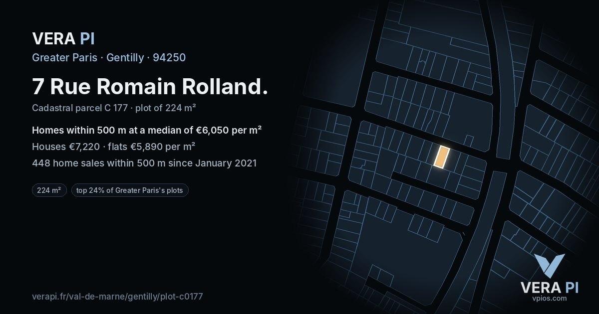 7 Rue Romain Rolland, Gentilly at night – the plot lit, the parcels around coloured by the prices near them