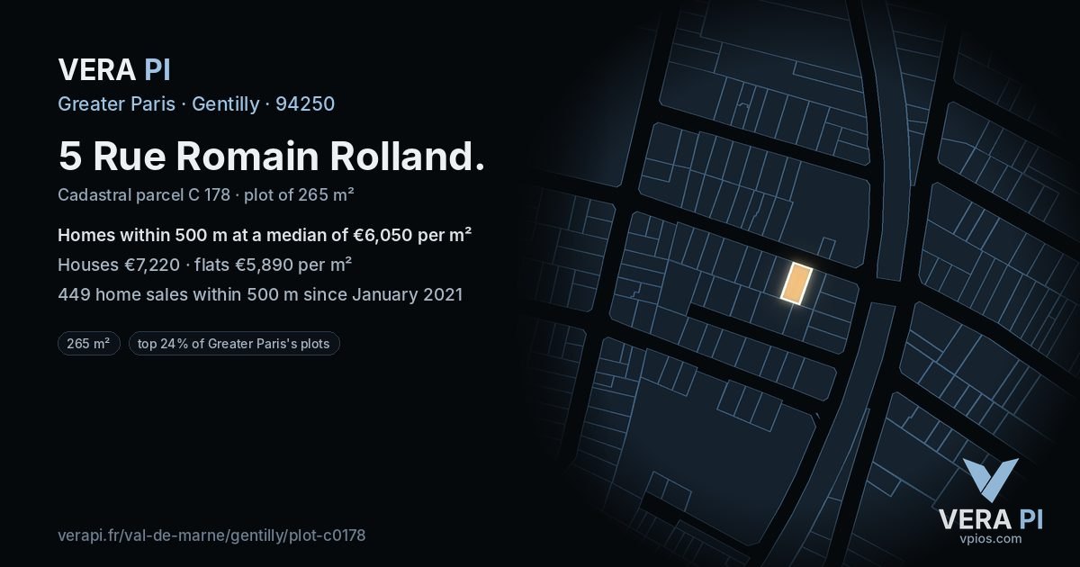 5 Rue Romain Rolland, Gentilly at night – the plot lit, the parcels around coloured by the prices near them