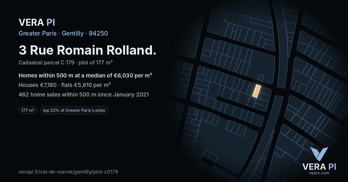 3 Rue Romain Rolland, Gentilly at night – the plot lit, the parcels around coloured by the prices near them