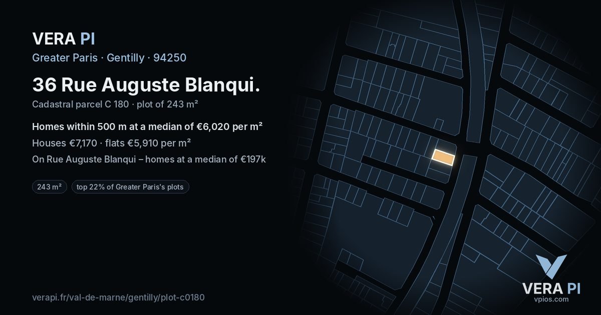 36 Rue Auguste Blanqui, Gentilly at night – the plot lit, the parcels around coloured by the prices near them