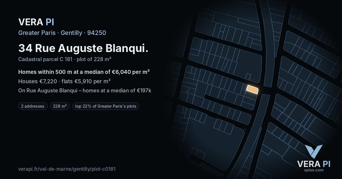 34 Rue Auguste Blanqui, Gentilly at night – the plot lit, the parcels around coloured by the prices near them