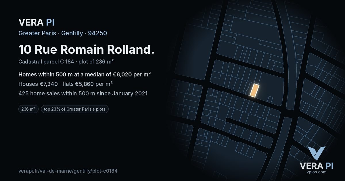 10 Rue Romain Rolland, Gentilly at night – the plot lit, the parcels around coloured by the prices near them