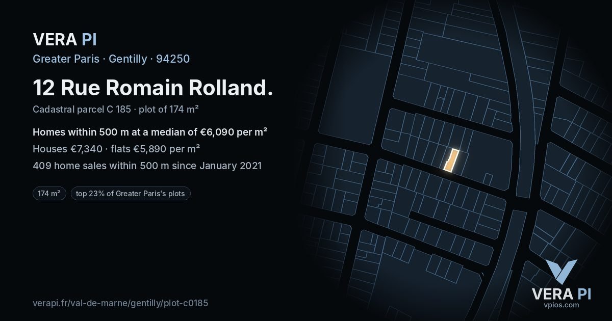 12 Rue Romain Rolland, Gentilly at night – the plot lit, the parcels around coloured by the prices near them