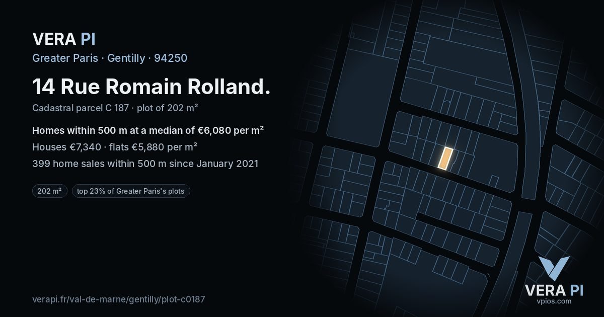 14 Rue Romain Rolland, Gentilly at night – the plot lit, the parcels around coloured by the prices near them