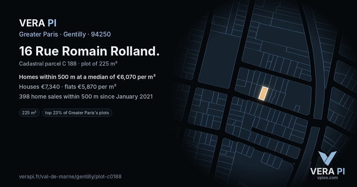 16 Rue Romain Rolland, Gentilly at night – the plot lit, the parcels around coloured by the prices near them