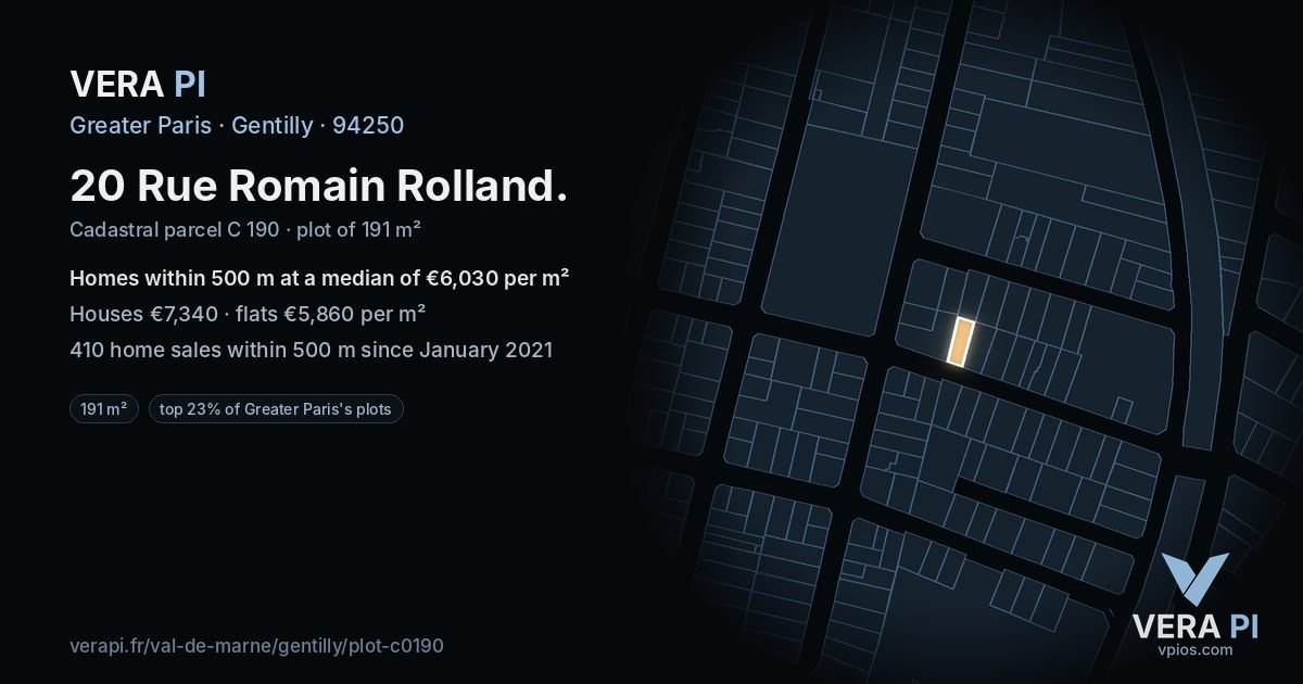20 Rue Romain Rolland, Gentilly at night – the plot lit, the parcels around coloured by the prices near them