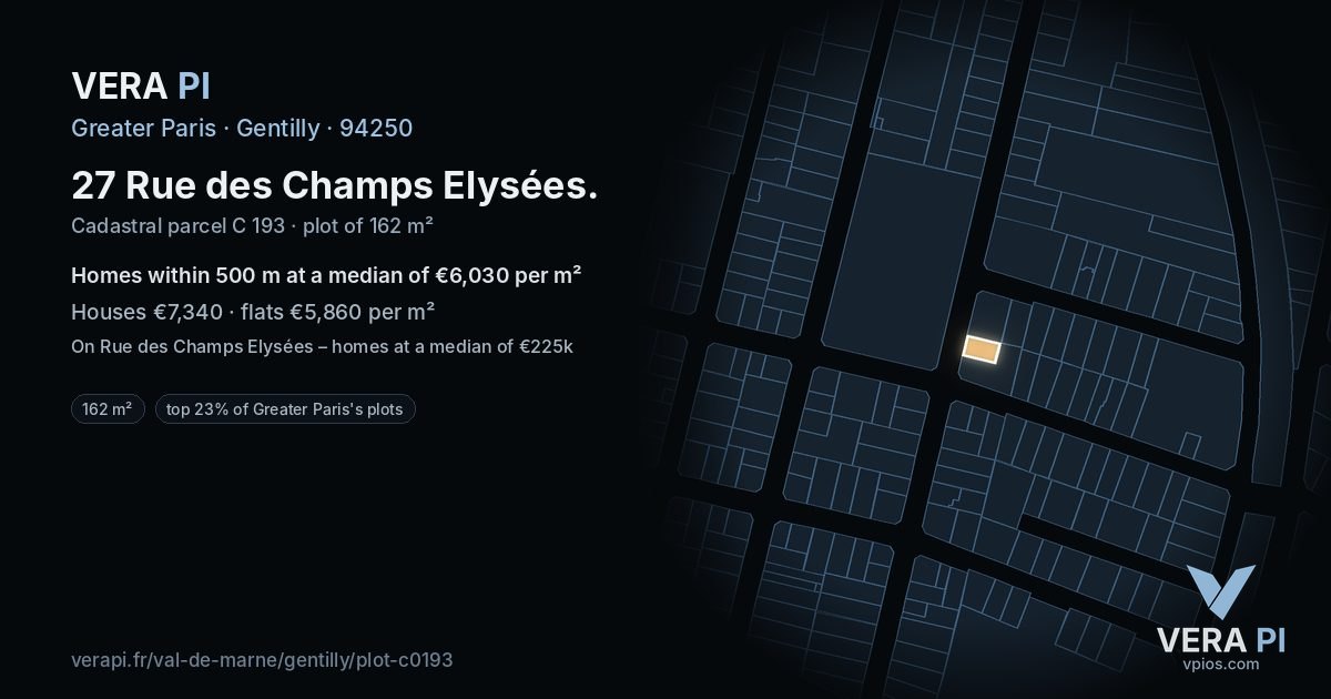 27 Rue des Champs Elysées, Gentilly at night – the plot lit, the parcels around coloured by the prices near them