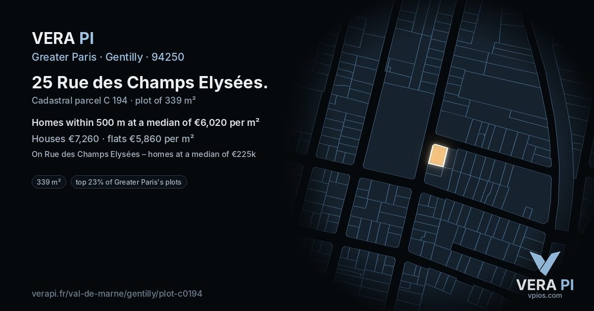 25 Rue des Champs Elysées, Gentilly at night – the plot lit, the parcels around coloured by the prices near them