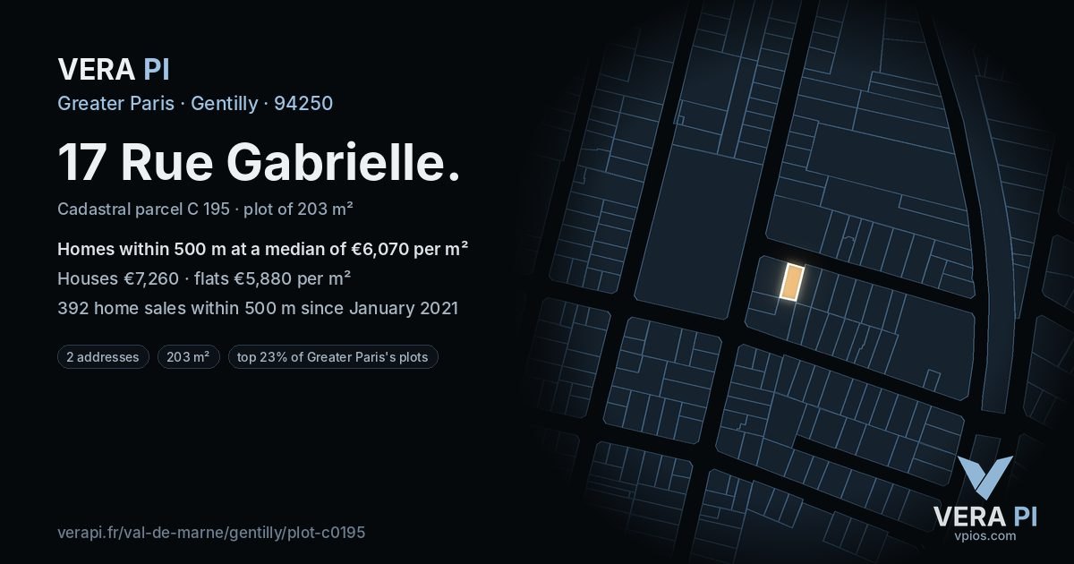17 Rue Gabrielle, Gentilly at night – the plot lit, the parcels around coloured by the prices near them
