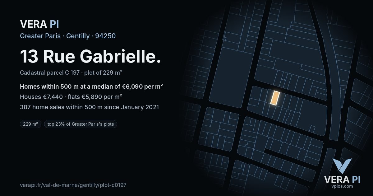 13 Rue Gabrielle, Gentilly at night – the plot lit, the parcels around coloured by the prices near them