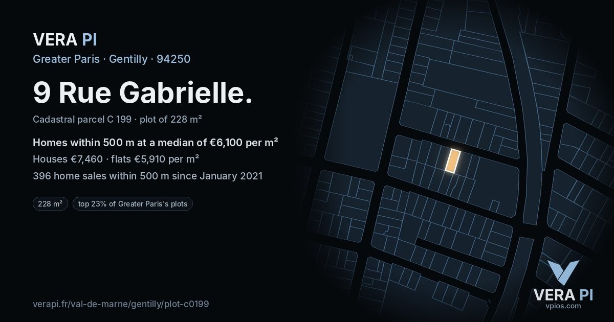 9 Rue Gabrielle, Gentilly at night – the plot lit, the parcels around coloured by the prices near them