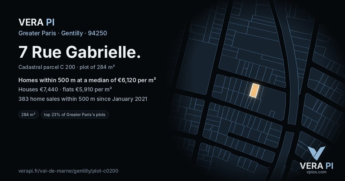 7 Rue Gabrielle, Gentilly at night – the plot lit, the parcels around coloured by the prices near them