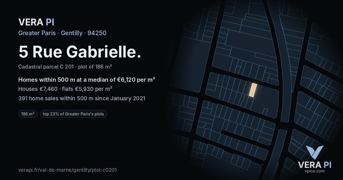 5 Rue Gabrielle, Gentilly at night – the plot lit, the parcels around coloured by the prices near them