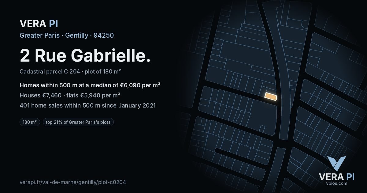 2 Rue Gabrielle, Gentilly at night – the plot lit, the parcels around coloured by the prices near them