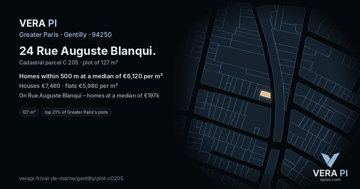 24 Rue Auguste Blanqui, Gentilly at night – the plot lit, the parcels around coloured by the prices near them