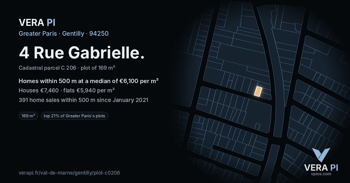 4 Rue Gabrielle, Gentilly at night – the plot lit, the parcels around coloured by the prices near them