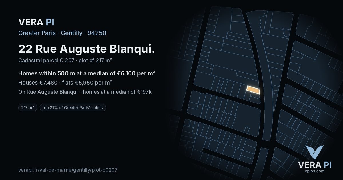 22 Rue Auguste Blanqui, Gentilly at night – the plot lit, the parcels around coloured by the prices near them