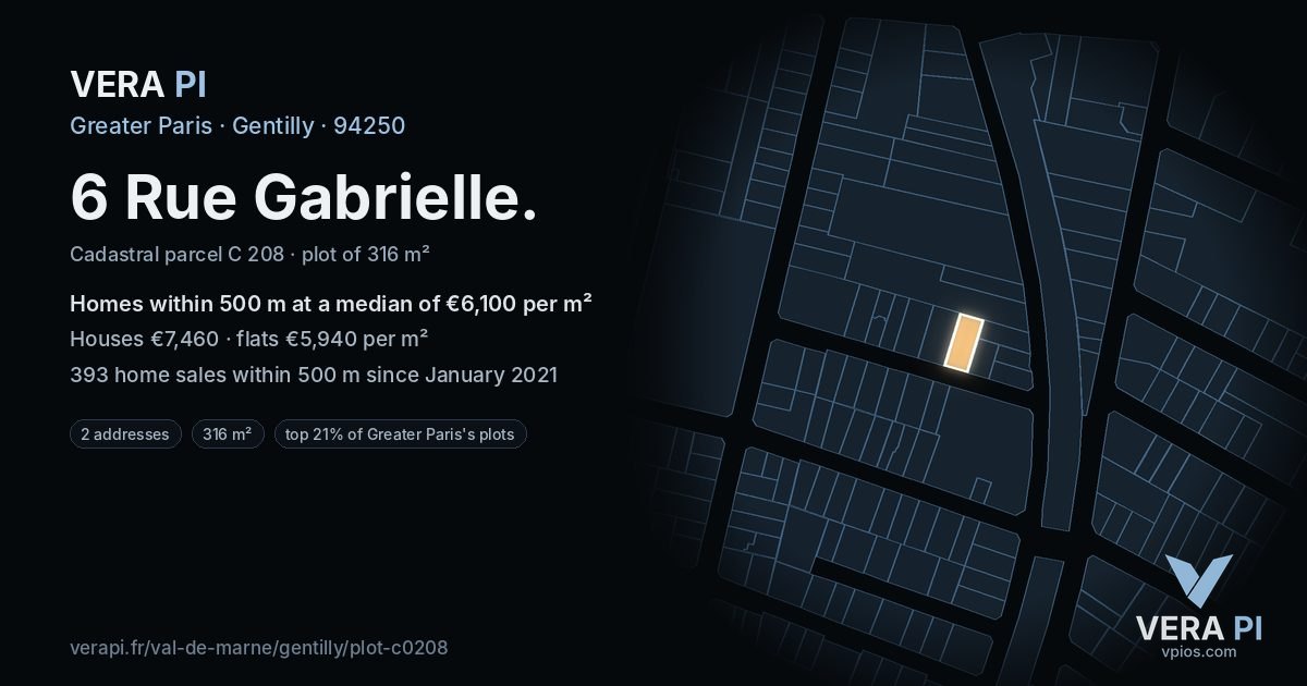 6 Rue Gabrielle, Gentilly at night – the plot lit, the parcels around coloured by the prices near them