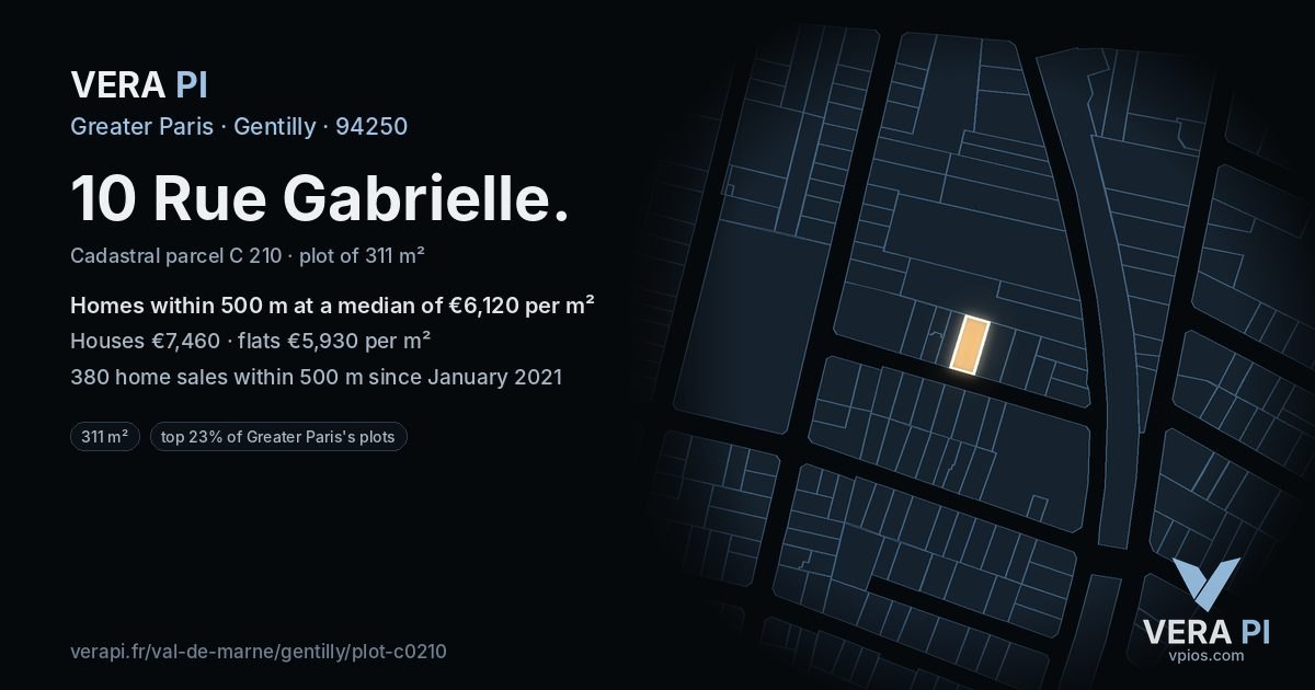 10 Rue Gabrielle, Gentilly at night – the plot lit, the parcels around coloured by the prices near them