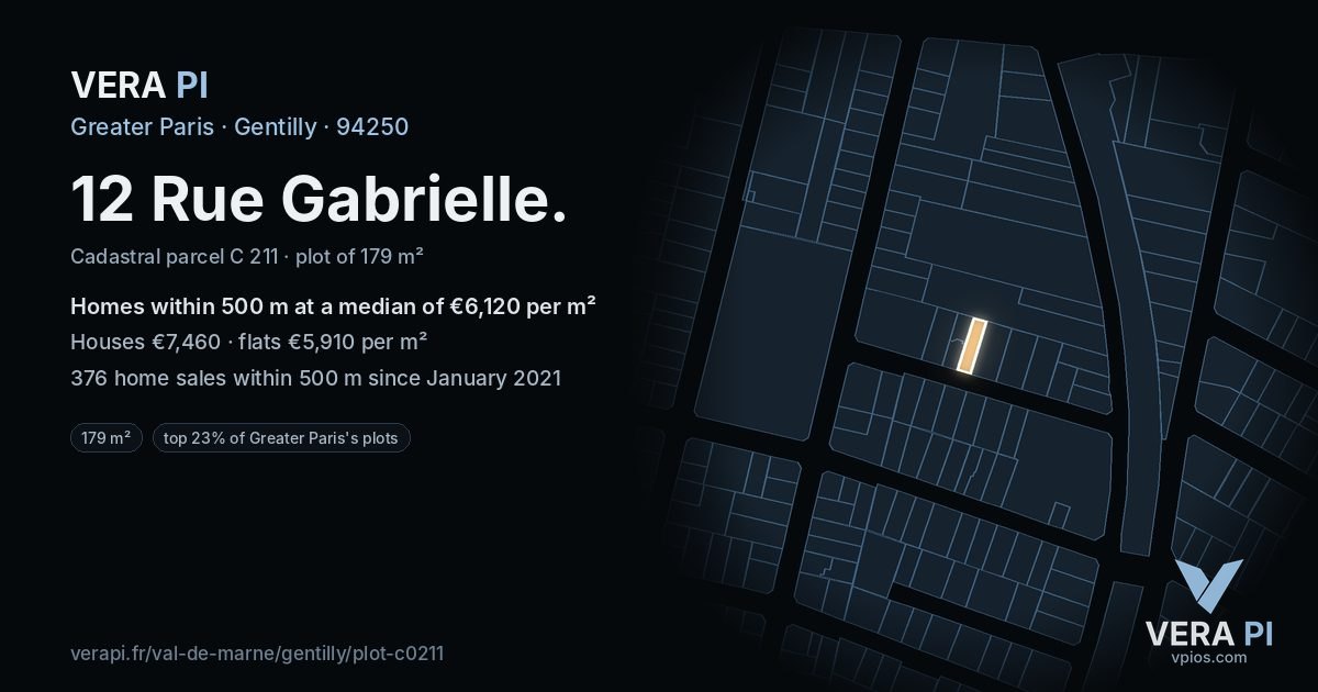 12 Rue Gabrielle, Gentilly at night – the plot lit, the parcels around coloured by the prices near them