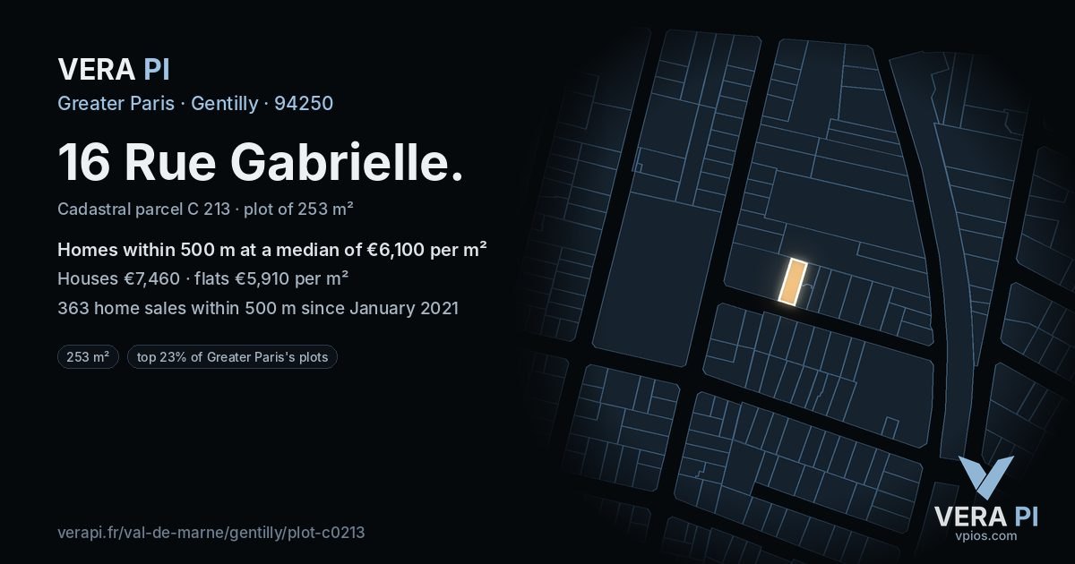 16 Rue Gabrielle, Gentilly at night – the plot lit, the parcels around coloured by the prices near them
