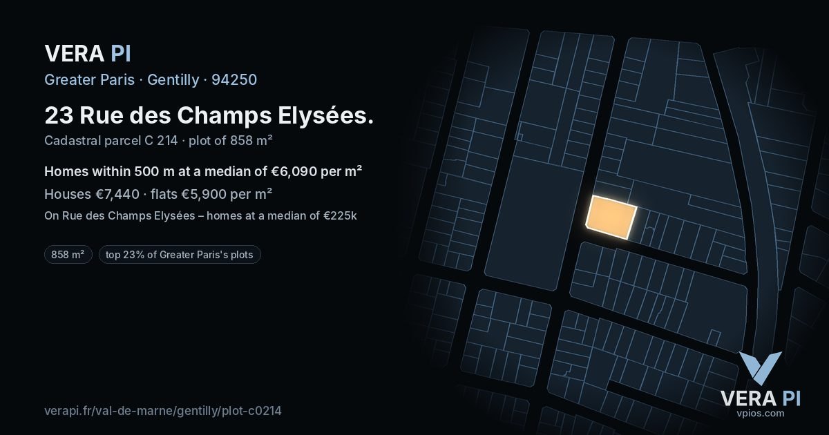 23 Rue des Champs Elysées, Gentilly at night – the plot lit, the parcels around coloured by the prices near them