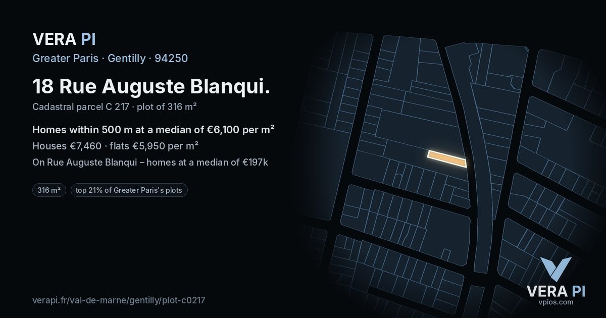 18 Rue Auguste Blanqui, Gentilly at night – the plot lit, the parcels around coloured by the prices near them