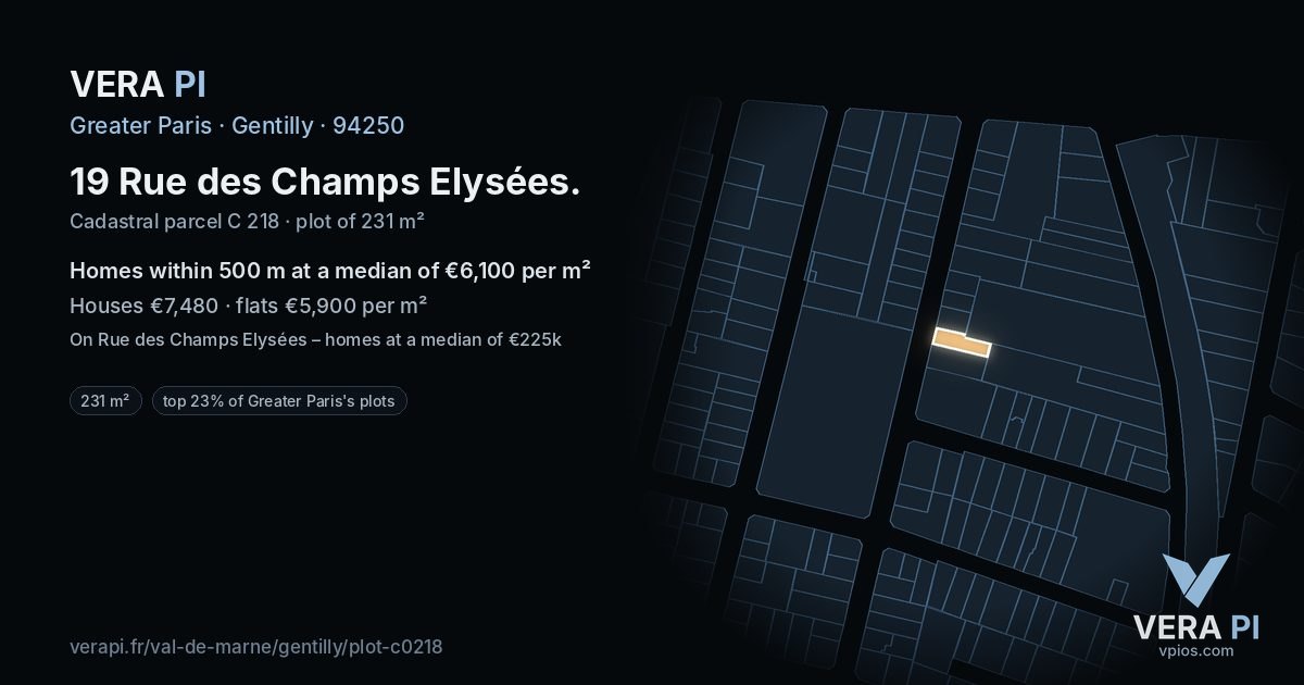 19 Rue des Champs Elysées, Gentilly at night – the plot lit, the parcels around coloured by the prices near them