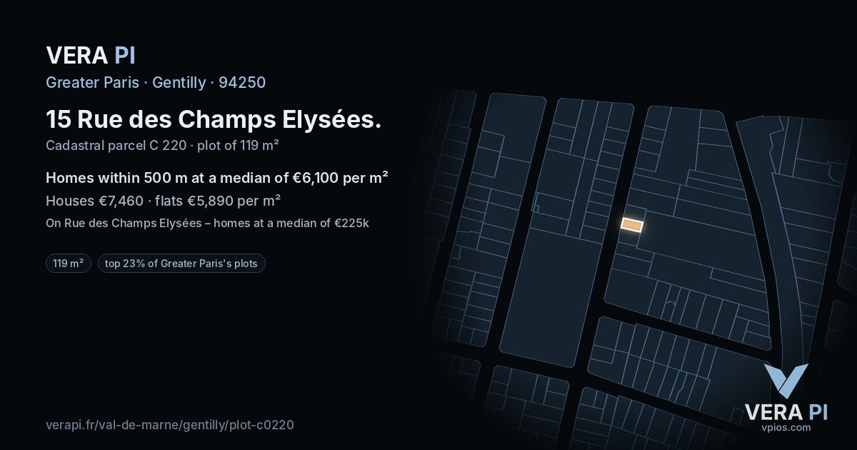 15 Rue des Champs Elysées, Gentilly at night – the plot lit, the parcels around coloured by the prices near them
