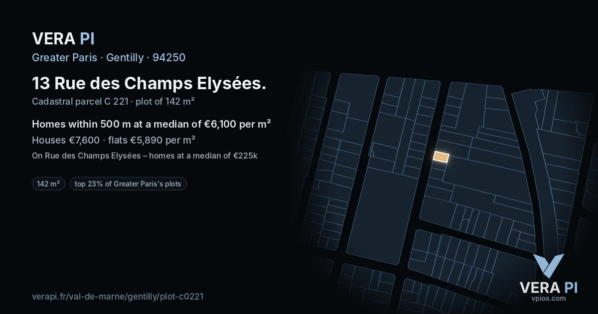 13 Rue des Champs Elysées, Gentilly at night – the plot lit, the parcels around coloured by the prices near them