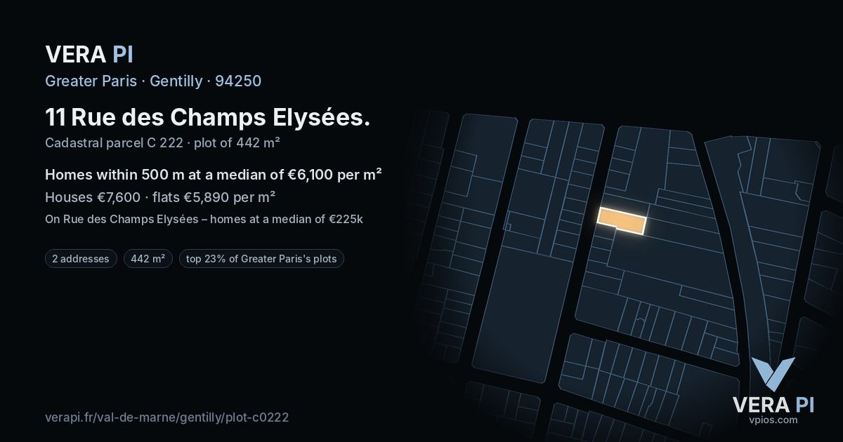 11 Rue des Champs Elysées, Gentilly at night – the plot lit, the parcels around coloured by the prices near them