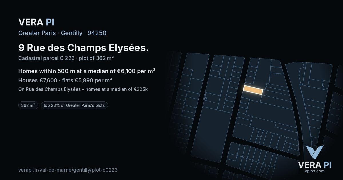 9 Rue des Champs Elysées, Gentilly at night – the plot lit, the parcels around coloured by the prices near them