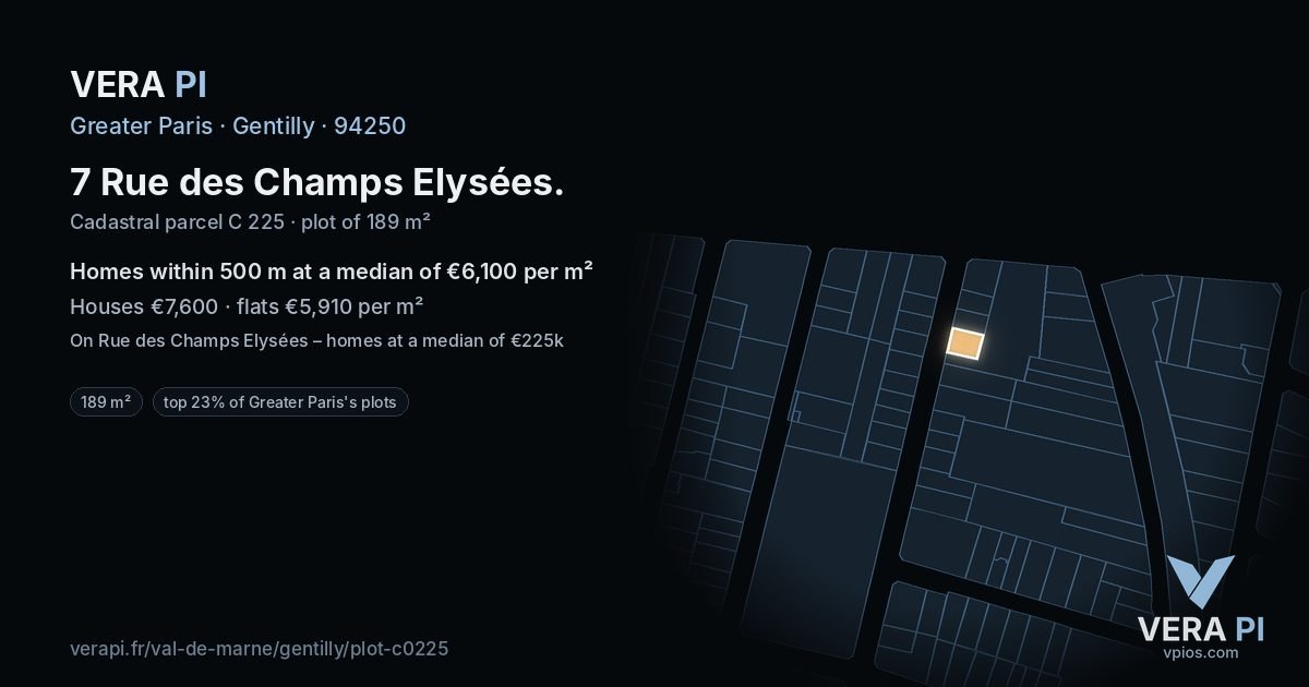 7 Rue des Champs Elysées, Gentilly at night – the plot lit, the parcels around coloured by the prices near them