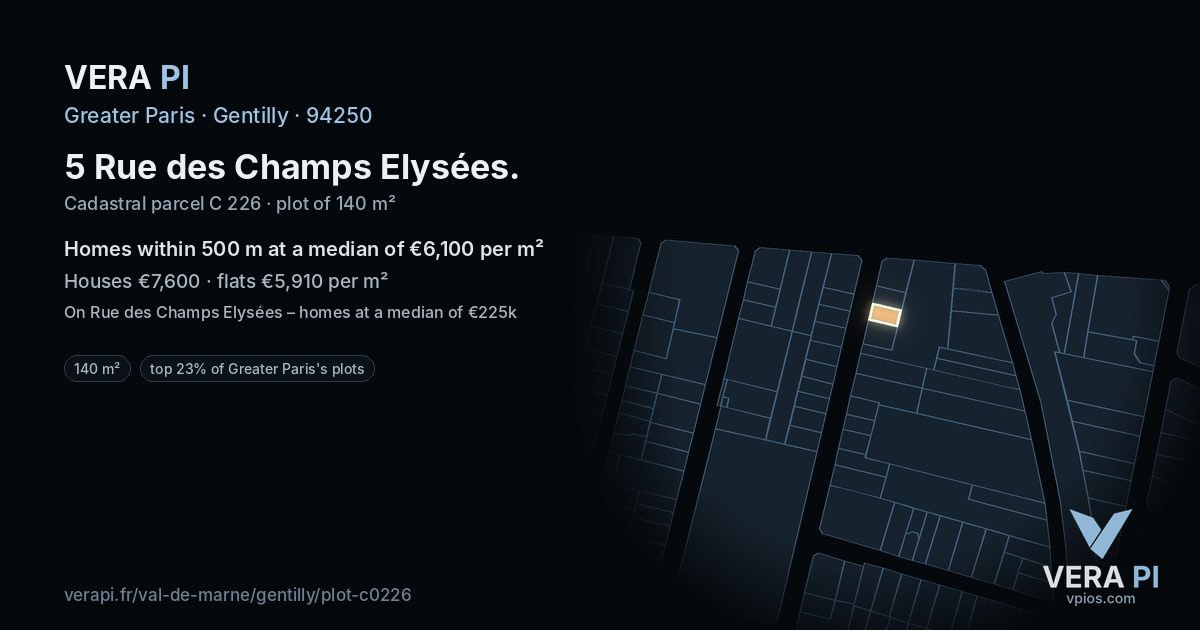 5 Rue des Champs Elysées, Gentilly at night – the plot lit, the parcels around coloured by the prices near them
