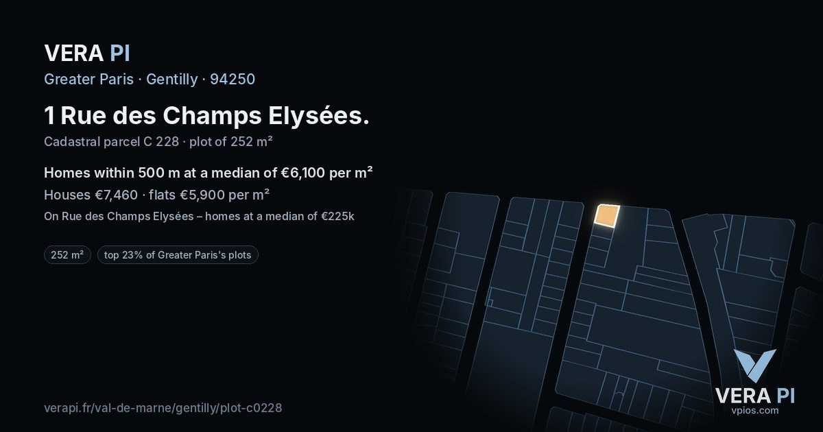 1 Rue des Champs Elysées, Gentilly at night – the plot lit, the parcels around coloured by the prices near them