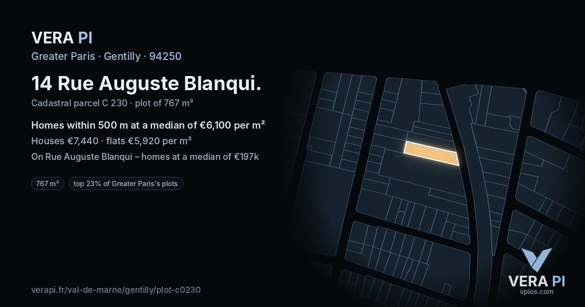 14 Rue Auguste Blanqui, Gentilly at night – the plot lit, the parcels around coloured by the prices near them
