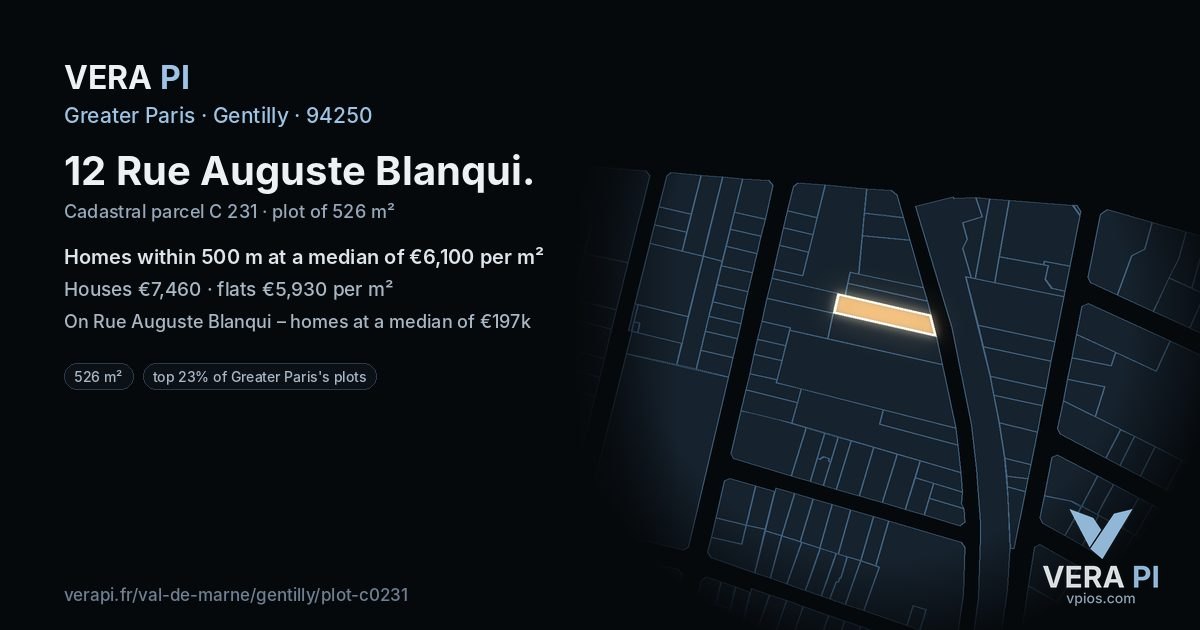 12 Rue Auguste Blanqui, Gentilly at night – the plot lit, the parcels around coloured by the prices near them