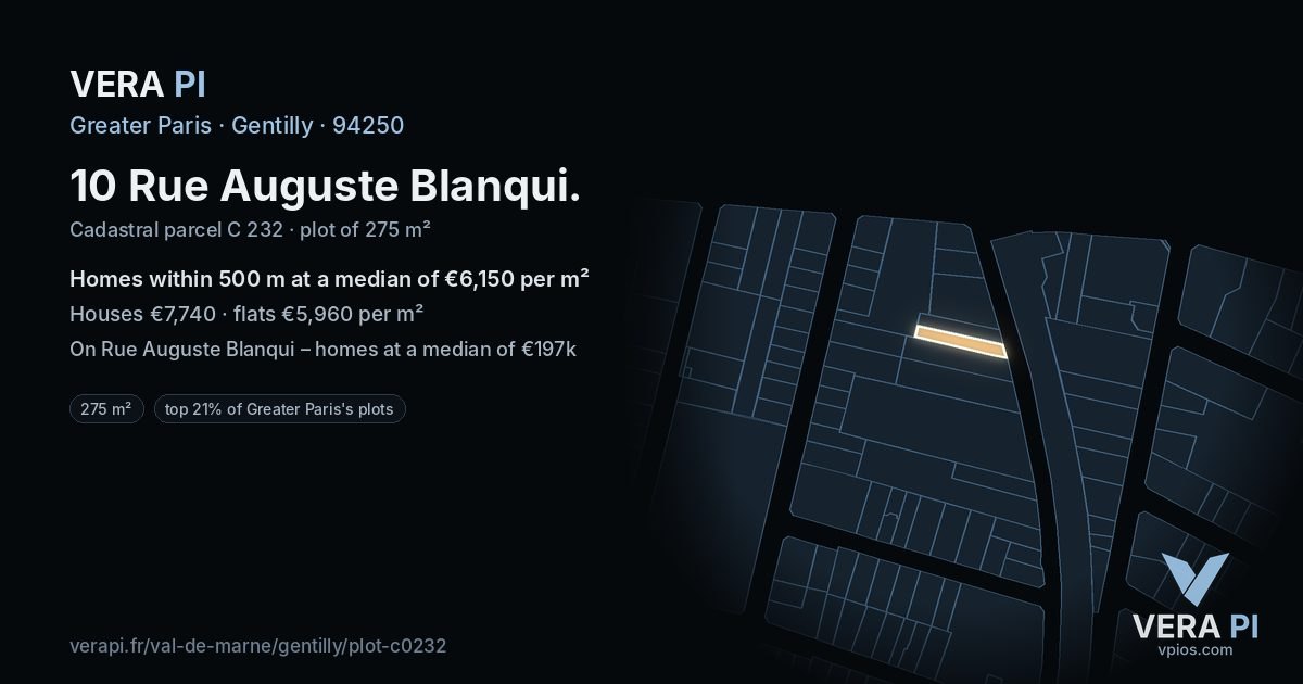 10 Rue Auguste Blanqui, Gentilly at night – the plot lit, the parcels around coloured by the prices near them